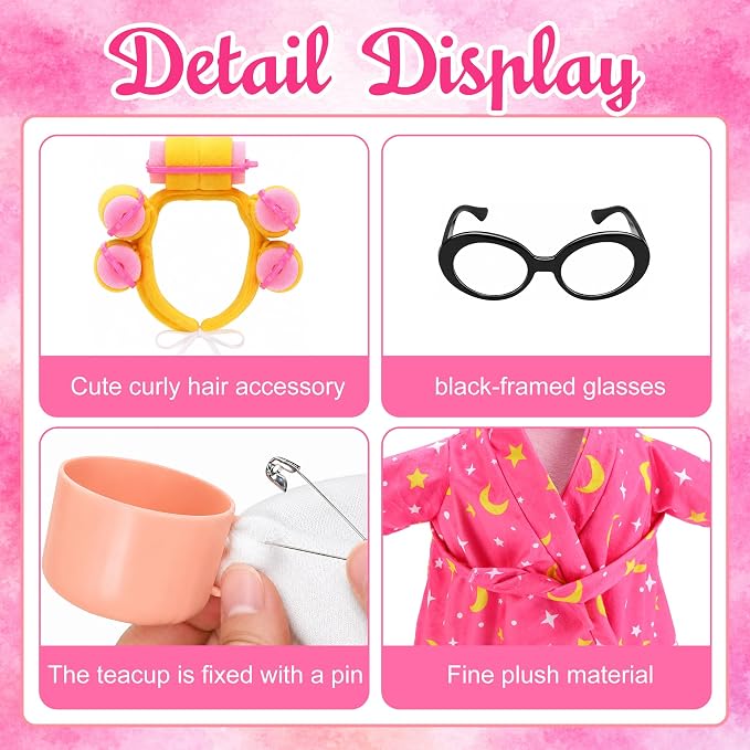 DECOHS 4 Pcs Bathrobe Porch Goose Outfit, Lawn Goose Statue Costume with Star and Moon Print, Yard Goose Bathrobe Curlers Glasses Cup Outfit for 23" Statue Patio Garden Decoration (Pink)