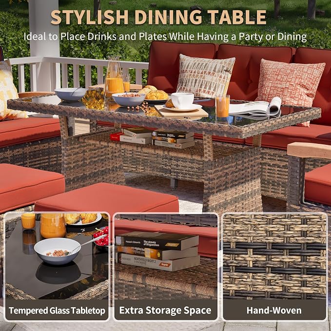 MEISSALIVVE 6 Pieces Patio Furniture Sets, PE Wicker Outdoor Conversation Sets with 2 Wood Armrests Single Chairs, 2 Ottomans and Dining Table (Red)