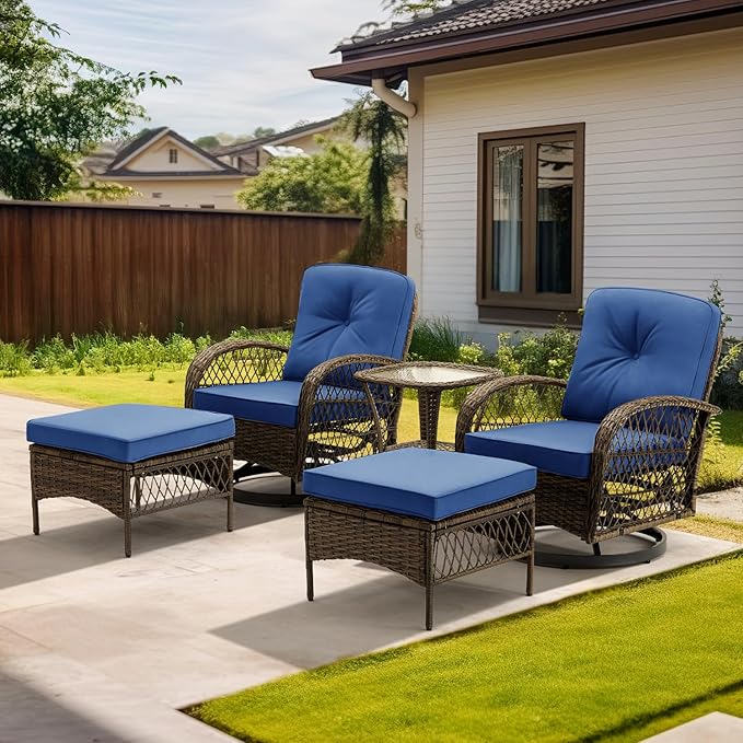 EROMMY 5 Pieces Outdoor Swivel Rocker Patio Chairs, 360 Degree Rocking Patio Conversation Set with Thickened Cushions, Glass Coffee Table and Ottomans for Backyard, Navy Blue