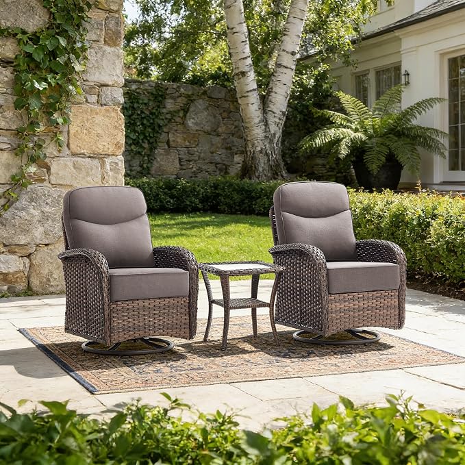 Luxury Outdoor Swivel Rocker Patio Chairs with 6-Inch Thick Cushions, High Back Swivel Glider Patio Chairs, 3PCS Wicker Outdoor Furniture Set for Porch, Patio, Yard, Deck, Poolside, Brown/Grey