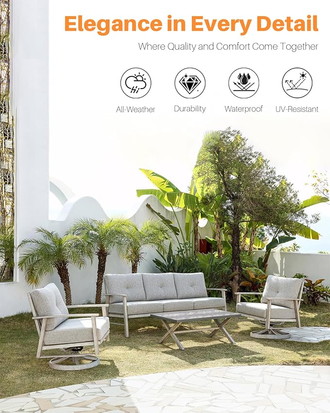 Outdoor Patio Furniture Set, 4 Pieces Aluminum Swivel Chairs Patio Conversation Set with Cushions, All Weather Outdoor Sectional Couch Sofa Set for Deck, Lawn, Poolside, Backyard, White Oak