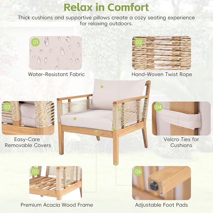 KLMM 5-Piece Patio Acacia Wood Sofa Set,Outdoor Hand Woven Rope Conversation Set with 3 Seater Sofa,2 Chairs and 2 Coffee Tables,for Garden Backyard Poolside (Teak+ Beige-pa)