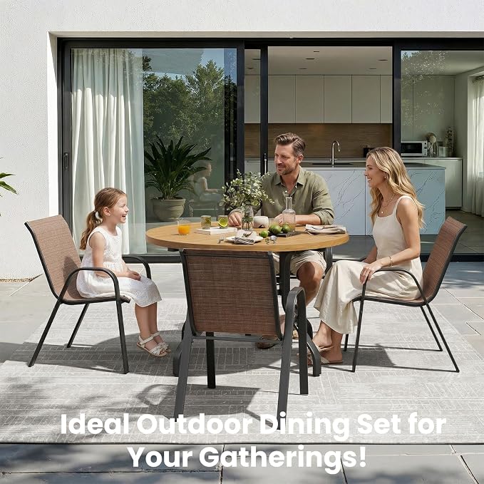 Soohow Patio Dining Set for 4, 5-piece Outdoor Dining Set 4 x Stackable Patio Chairs & 1 x Wood-Like Round Table with Umbrella Hole, All-Weather Outdoor Table and Chairs for Backyard, Balcony, Porch