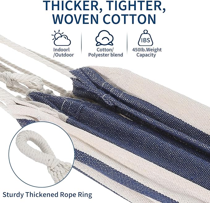 Heavy Duty Double Cotton Hammock with Steel Stand – 2 Person Brazilian-Style, 450lbs Capacity, Portable Indoor Outdoor Lounger with Carry Bag, Backyard, Balcony, Camping, Blue and White