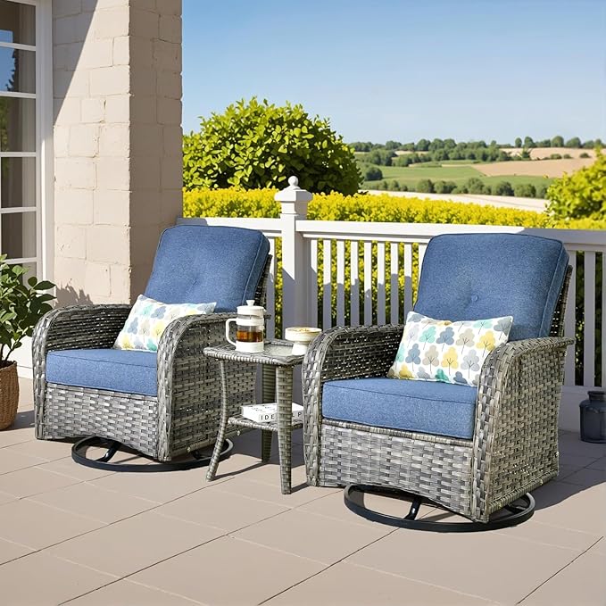 3 Pieces Patio Furniture Set, Outdoor Swivel Rocker Patio Chairs with Coffee Table, All Weather Thickened Cushion Patio Conversation Set for Porch Balcony Deck Poolside Garden Sunroom, Denim Blue