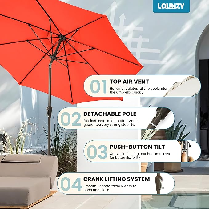 LOUNZY 9FT Large Outdoor Patio Umbrella Table Umbrella-UV Resistant,Easy Push Button Tilt and Crank,8 Sturdy Fiberglass Ribs Pool Umbrella for Patio,Backyard,Deck,Yard,Market