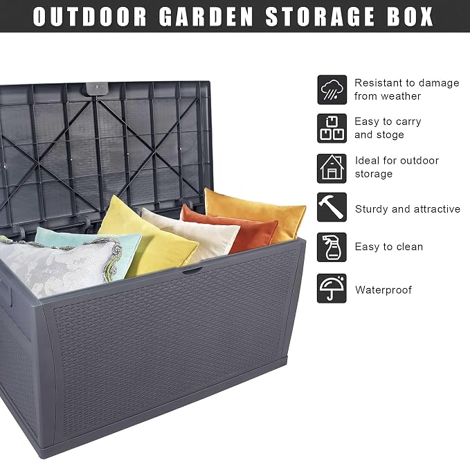 120 Gallon Outdoor Storage Box with Lockable Lid, Weather Resistant Design, Storage Bin Delivery Box for Storing Outdoor Cushions, and Tools, Durable Resin Construction, Deck Boxes Container