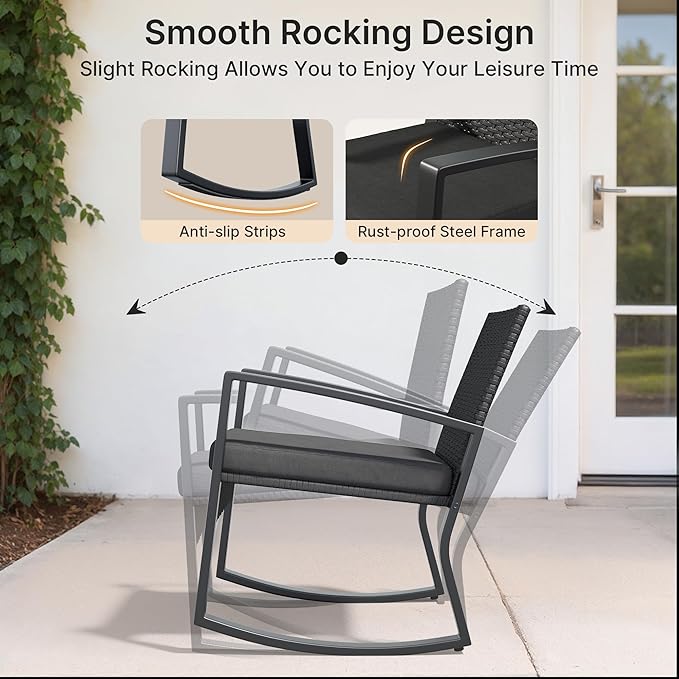 Ahomly 8 Piece Outdoor Patio Furniture Set, Wicker Patio Furniture with Glass Coffee Table, Modern Rattan Rocking Chairs Conversation Set, for Porch, Garden, Lawn,Black Cushion