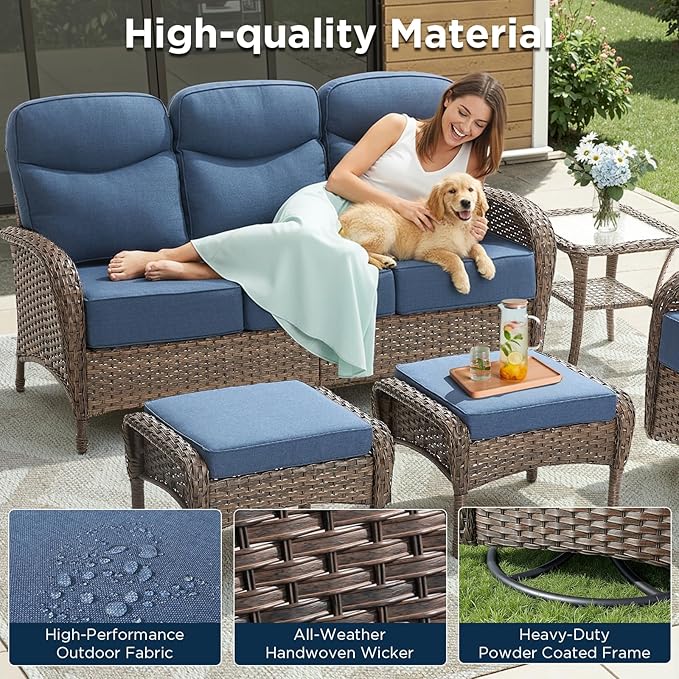 8 Pieces Luxury Outdoor Patio Furniture Set with 6-Inch Thick Cushions, Wicker Outdoor Furniture with High Back Swivel Patio Chairs Set of 4, Patio Conversation Set for Deck Garden Porch, Blue
