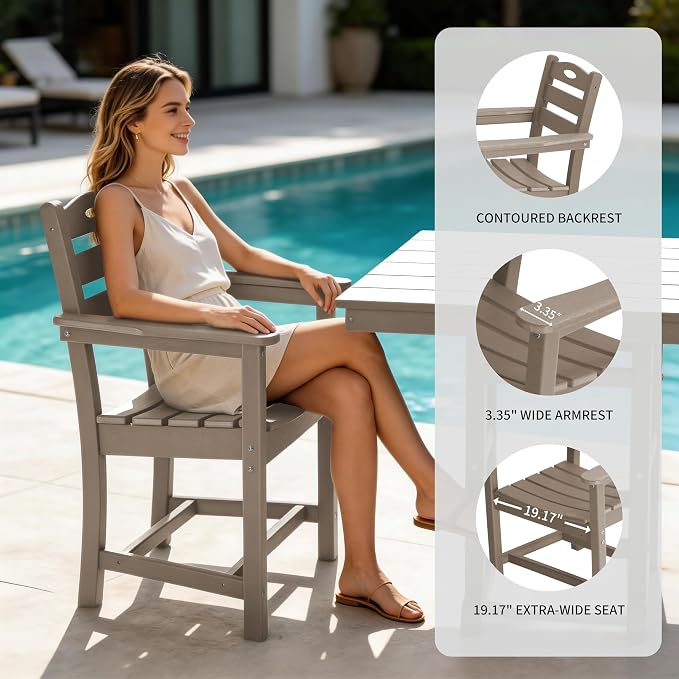 3 Piece Outdoor Patio Dining Set, HDPE 37.8" Square Dining Table & 2 Comfortable Armchairs, 1.77" Umbrella Hole, Heavy Duty Poly Bistro Furniture for Balcony, Porch, Garden, Poolside, Weathered Wood