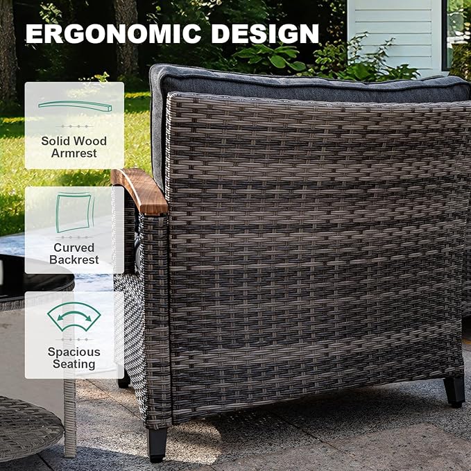 MEISSALIVVE 6-Piece Half-Moon Curved Outdoor Patio Furniture Set, Sectional Conversation Sofa with Wood Armrests, Coffee & Side Tables for Backyard Deck Garden, Grey