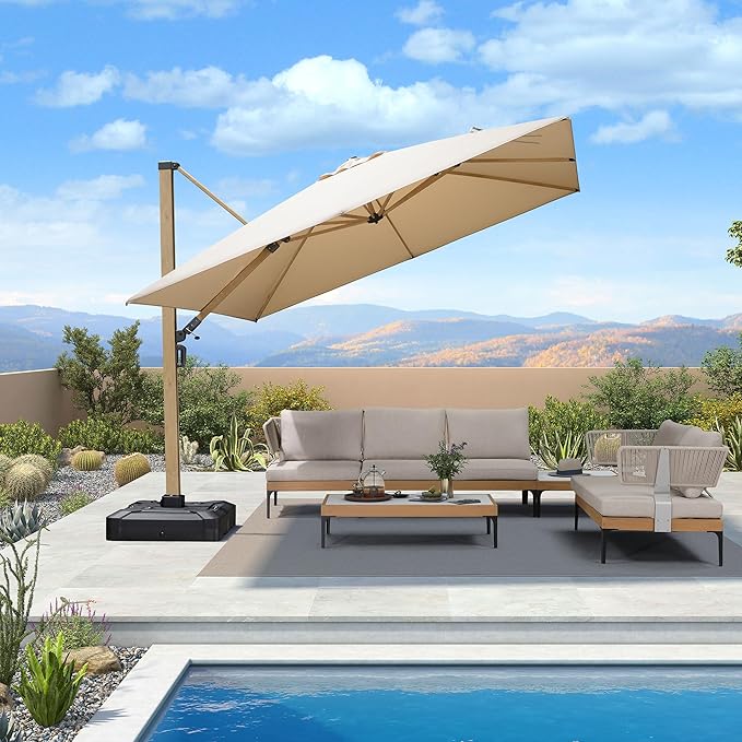PURPLE LEAF 10FT Patio Umbrella With Base Square Cantilever Umbrella Teak Finished Aluminum Frame Large Windproof Offset Outdoor Sun Umbrellas for Beach Pool Deck, Beige