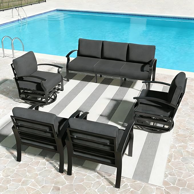 Aluminum Outdoor Patio Furniture Set,5 Pieces 7 Seats Patio Conversation Sets with 2 Swivel Rocking Chairs,Metal Patio Sectional Furniture Set with 5.1" Thickened Cushions,Black