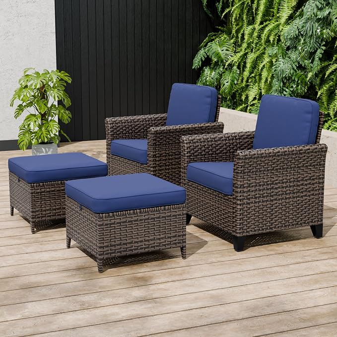 COOS BAY Harbor Retreat 4 Piece Outdoor Furniture Set, Patio Conversation Set with Patio Chairs and Ottomans, Wicker Furniture, Brown/Blue