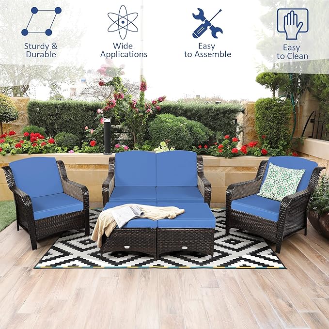 Tangkula 5 Pieces Patio Furniture Set, Outdoor Rattan Conversation Sofa Set with Loveseat, Single Sofas and Ottoman, Sectional Sofa Set with Removable Cushions for Porch, Backyard, Balcony, Lawn