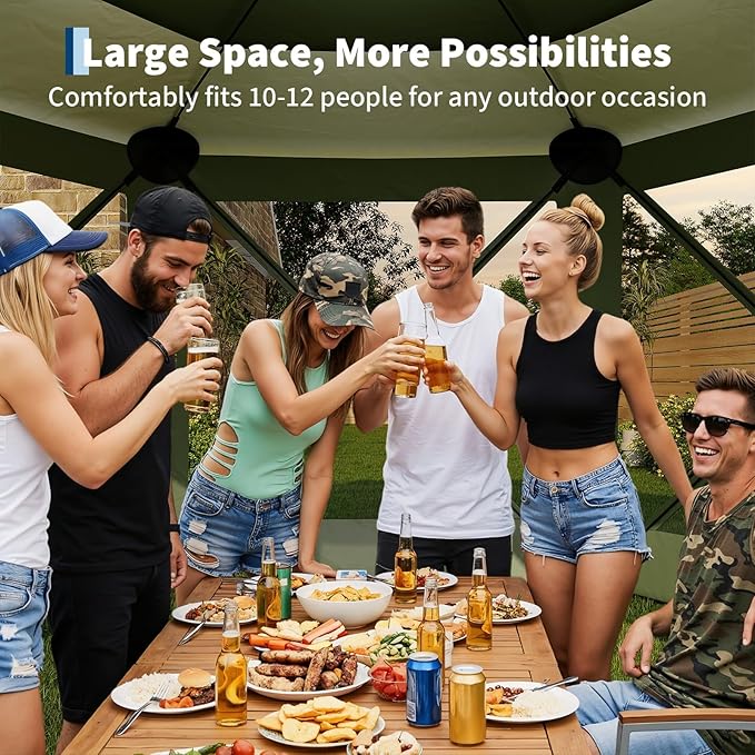 GarveeLife 11.5x11.5FT 6-Sided Pop Up Gazebo Tent，One-Push Setup Canopy Tent with Mesh Panels & Removable Wind Cloths, Outdoor shelter for Camping, Backyard Parties, Outdoor Events - Army Green