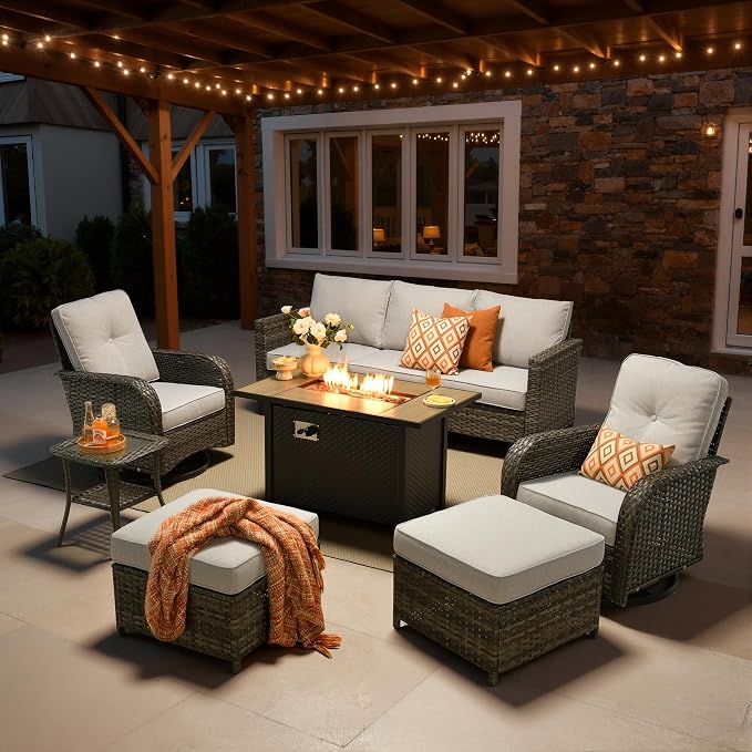 7 Piece Patio Furniture Set with Firepit Swivel Chair, Gray | High Back Swivel Rocker Chairs, Deep Seat Sofa Ottoman, Fire Pit Table, Outdoor Conversation Sets for Porch Deck Backyard
