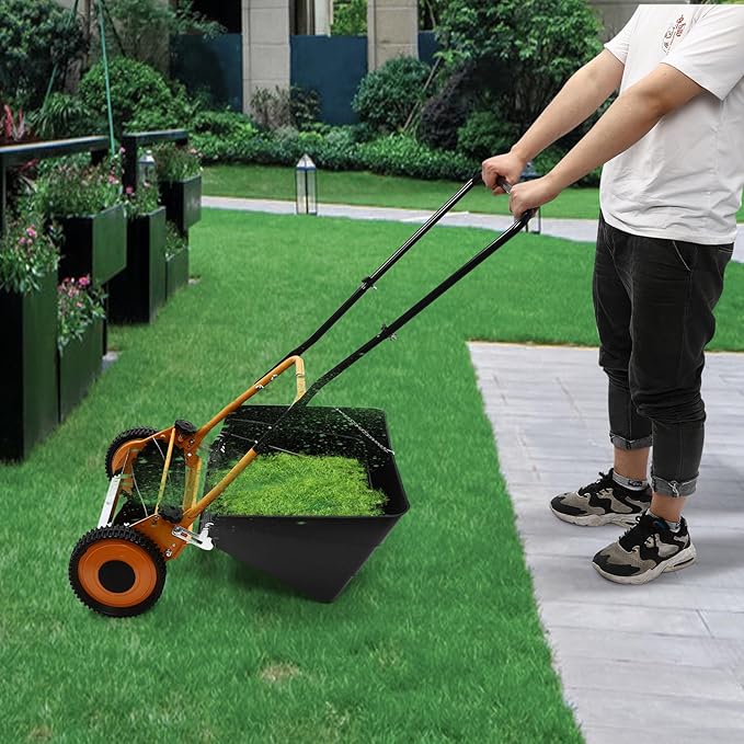 16" Lawnmower, Wheeled Lawn Mower, Hand Push Lawn Mower, Manual Lawn Mower, Adjustable Cutting Height Push Mower Manual, Walk-Behind Lawn Mowers, Rotary Mower, 2 Wheels, Easy to Use