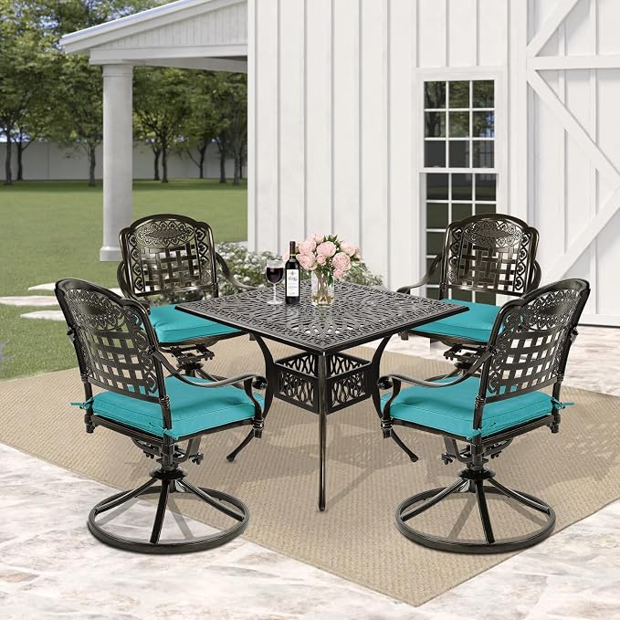 5 Piece Patio Dining Set, Outdoor Table and Chairs Set for 4 Cushioned Swivel Rocking Chairs and 35.4'' Square Table, All-Weather Cast Aluminum Patio Funiture Set, 2.2'' Umbrella Hole, Blue