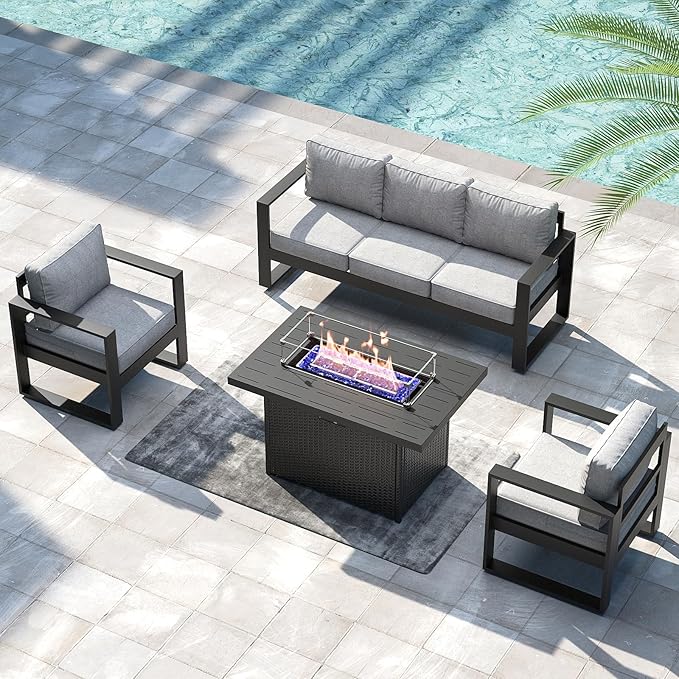LayinSun 4 Pieces Aluminum Outdoor Patio Furniture Set, Metal Modern Conversation Sofa Set with Fire Pit Table and Washable Thick Cushions for Porch, Backyard, Deck