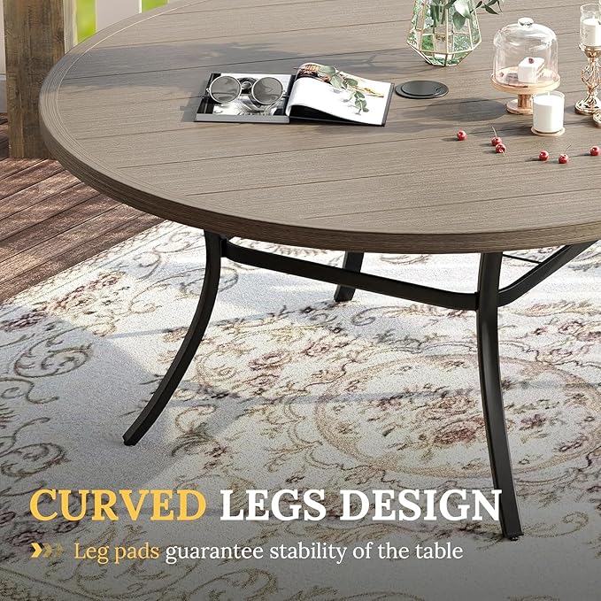 VICLLAX 7 Pieces Patio Dining Set for 6-Outdoor Furniture Includes 53" Round Outdoor Table and Swivel Padded Chairs, Grey Wood Grain Tabletop and Grey Fabric
