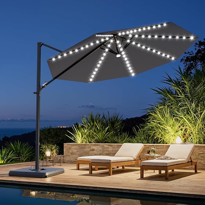 Greesum 10FT Outdoor Patio Umbrella with High Pedel and 4 Gear Heights, Large Offset Umbrella with Solar LED Lights and 360-degree Rotation, Without Base, Hanging Outdoor Shade for Garden, Gray