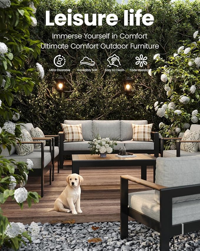 4 Pieces Aluminum Outdoor Patio Furniture Set with Coffee Table, Outside Metal Patio Conversation Sets with Deep Seating and Thick Cushions