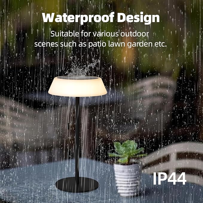 Solar LED Outdoor Table Lamp Waterproof, 3 Level Dimmable Desk Night Light, Portable Cordless USB Rechargeable, for Home/Deck/Patio/Garden (Black)