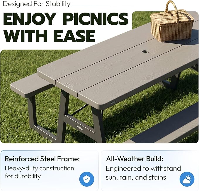 LIFETIME 6-Foot Folding Picnic Table with Benches, Seats 8, Heavy-Duty HDPE Tabletop, Steel Frame, Weather & UV Resistant Outdoor Picnic Table with Umbrella Hole
