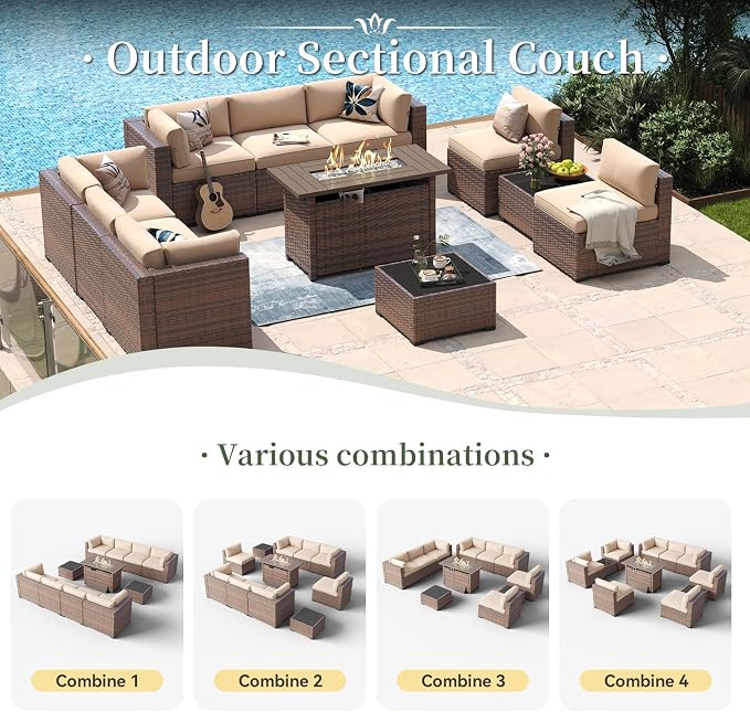 Aoxun 11 Piece Patio Furniture Set with 44” Fire Pit Table Wicker Rattan Outdoor Sectional Sofa Set with Coffee Table and Thickened Cushions, Beige
