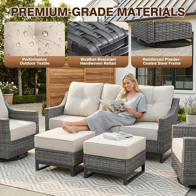 5 Piece Patio Furniture Set,360°Swivel Glider Patio Chairs Set of 2,Sofa and 2 Ottomans,All-Weather Wicker Patio Set Comfortable Seating with 6 Inch Thick Cushions for Porch Deck Balcony Garden