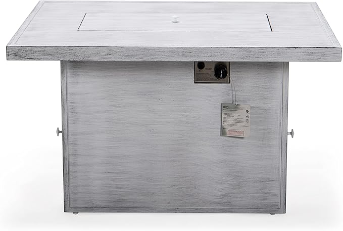 LeisureMod 7-Piece Outdoor Patio Conversation Set in Weathered Grey Aluminum with 44" Propane Fire Pit Table & Cushions, Orange