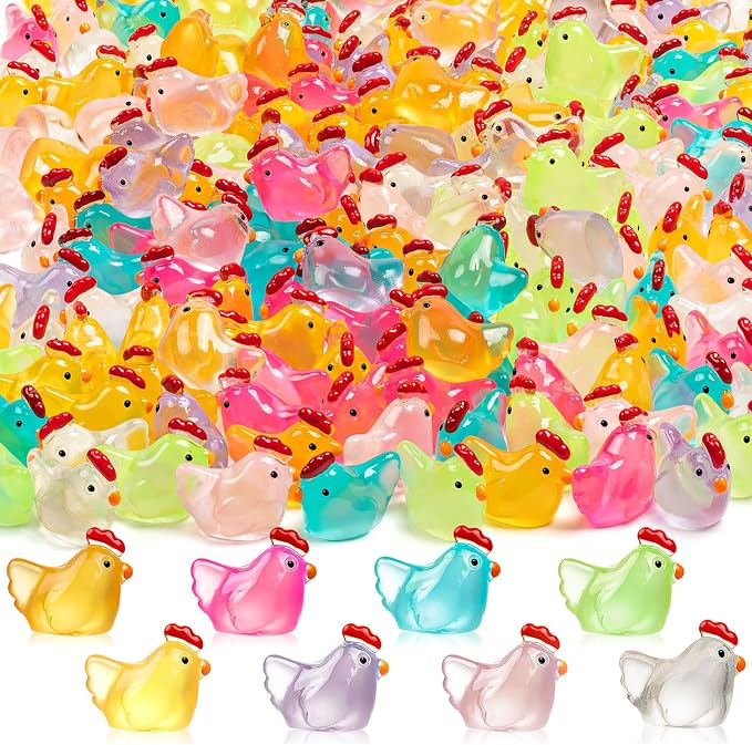 180PCS Luminous Mini Resin Chicken Miniature Chickens Animals Figurines Glow in The Dark, Tiny Chickens Bulk for Dollhouse Micro Landscape DIY Home Outdoor Party Decor (8 Colors)