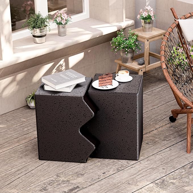 HOMPUS Outdoor Concrete Side Table w Spotted, Set of 2 Patio End Table Modern Vintage MgO, Lightweight Functional Combine Accent Table for Indoor Outdoor Use, Garden, Deck, Poolside, Brown