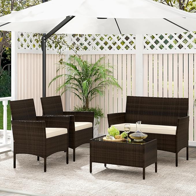 Tangkula 4 Piece Patio Rattan Conversation Set, Outdoor Wicker Furniture Set with Chair, Loveseat & Tempered Glass Table, Cozy Seat Cushions, Outside Sectional Sofa Set for Backyard, Porch (1, Beige)