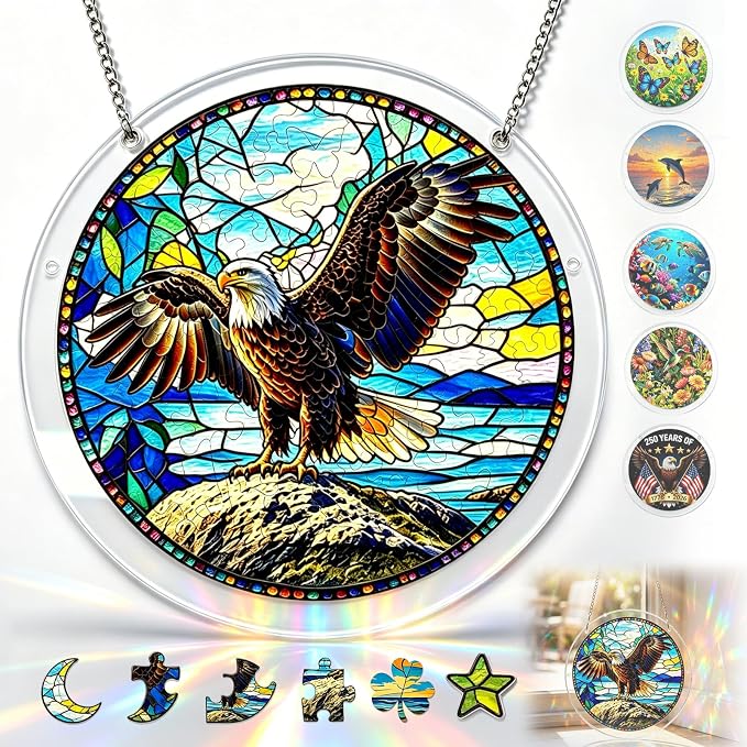 Acrylic Jigsaw Puzzle Suncatcher 7.8'',Stained Glass Suncatcher Home Decor | Eagles Acrylic Puzzle Suncatcher,DIY Sun Catcher Puzzle Kit,Window Hanging Ornament Art,Home Garden Decor Gift for Women Mom