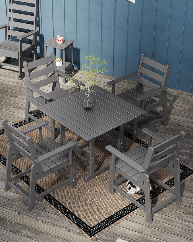 GREENVINES 5-Piece-Outdoor-Dining-Set | HDPE | Square | Patio Furniture | All Weather | Removable Armrests | Slatted Table and Chairs Sets for 4 | for Backyard Poolside Garden | Grey