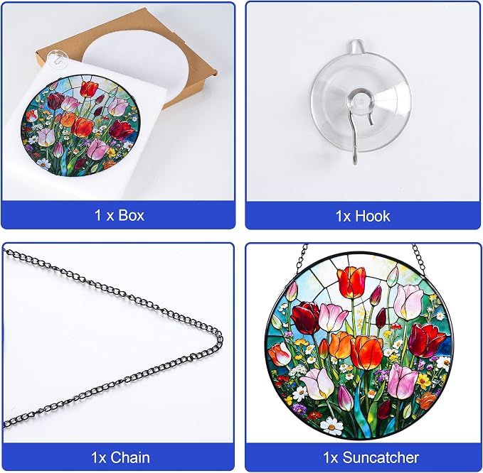 Stained Glass Window Hanging, Colorful Tulips Suncatcher 7.8 in Sun Catcher Glass Panel Boho Wall Art Decor with Chain Diamond Glass Panel Hangings Scenery Sun Catchers Decor for Lover Couple Mom