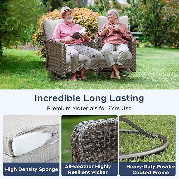 Brafab Outdoor Swivel Chair Set - PE Wicker Patio Conversation Sets Cushioned Seat Couch - 2 Seats Outdoor Sofa Set for Yard, Garden Porch, 2Pcs, Beige