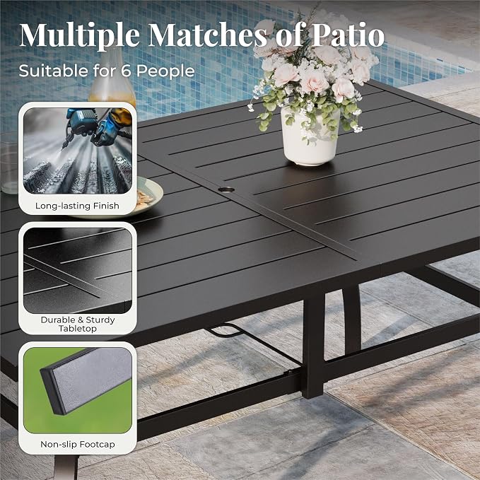 MIXPATIO Outdoor Table and Chairs, Patio Dining Sets for 6 with Blue Chairs and Metal Rectangular Table for Deck Backyard Lawn Poolside