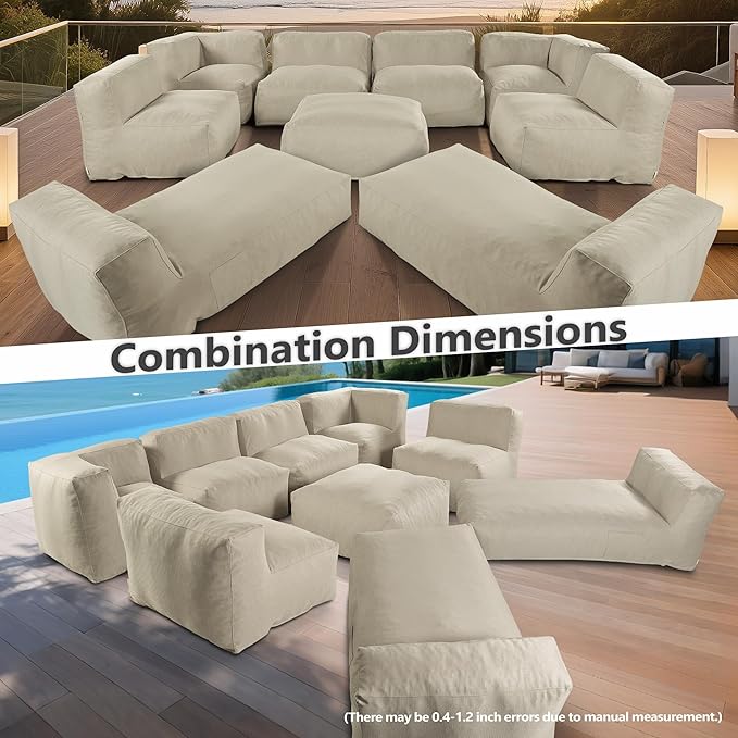 Patio Furniture Set, Outdoor Conversation Set with Bean Bag Middle Chairs, Corner Chair, Ottomans, Modern Foam Couch Set for Garden, Deck, Balcony (9, Light Beige)