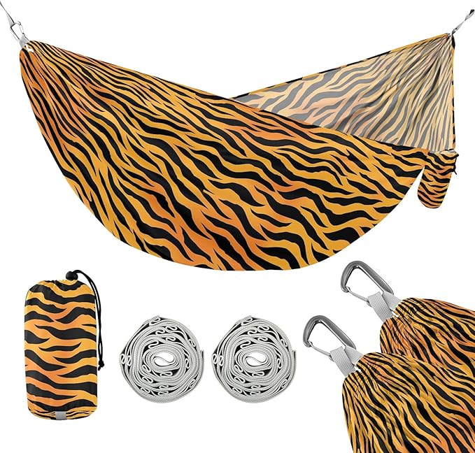 Camping Hammock Outdoor Hammocks for Outside Orange Black Tiger Stripe Beach Trees Portable Lightweight with Pockets Tree Straps Indoor