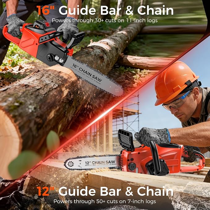 Battery Powered Chainsaw,12" & 16" Dual Guide Plate.21V Electric Cordless Chainsaw with 2 Batteries and Charger.Brushless Chain Saw Kit with Safety Goggles and Gloves for Tree Pruning and Wood Cutting