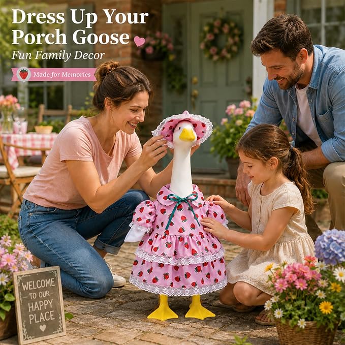 23 Inch Summer Strawberry Porch Goose Outfit, Pink Countryside Dress with Sun Hat, Seasonal Decorative Goose Clothes for Yard Lawn Patio Decor