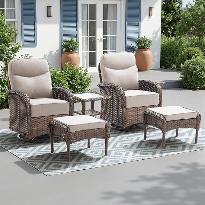 Luxury 6-Inch Cushion Outdoor Patio Furniture Set with Ottoman, Outdoor Swivel Rocker Patio Chairs with Side Table, Wicker Conversation Set for Deck Porch Garden Balcony and Poolside Beige
