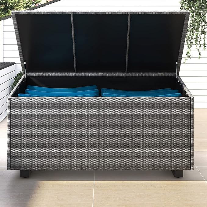 Lepus Large Outdoor Waterfroof Deck Box, 210 Gallon Rattan Deck Storage Box with Built-in Waterproof Bag for Seat Cushion on Patio Garden, Poolside (210, Dark Grey)