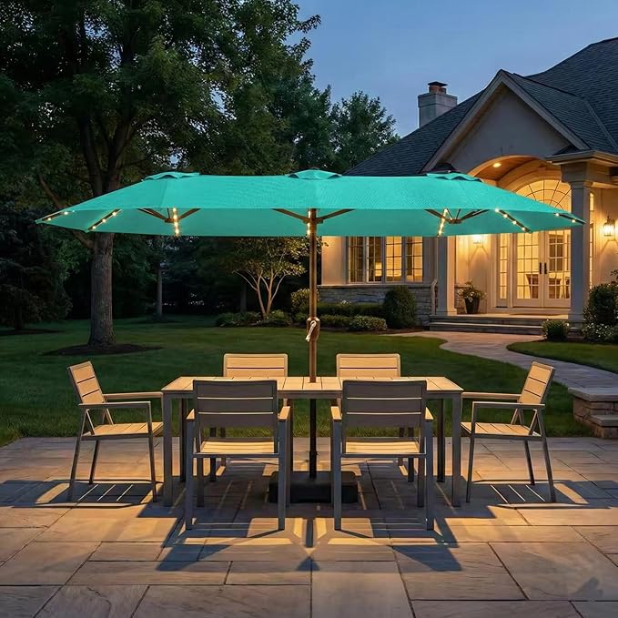 Kingdura 15ft Large Patio Umbrella with Solar Lights, Double-Sided Rectangle Outdoor Table Umbrella with Base Included, 12 Reinforced Ribs, 48 Led Lights, Crank Lift for Market Pool Deck, Tiffany blue