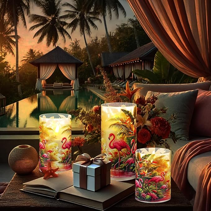 Tujoe 3 Pcs Summer Flamingo Flameless Candles LED Battery Pillar Candles Set Battery Operated Flickering Gifts with Remote Summer Decor for Holiday Decoration