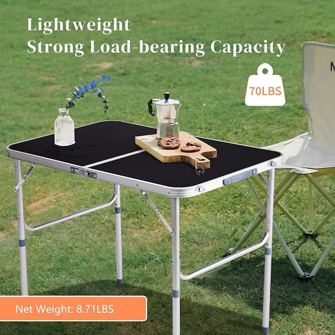 3 Feet Small Folding Table with Adjustable Height, Lightweight Portable Utility Table for Travel Picnic BBQ Fishing RV Car Tailgate Camping Beach Outdoor Essentials, MDF Tabletop, Black 10Pcs