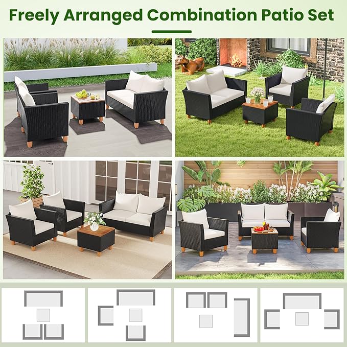 ORALNER 4 Pieces Patio Furniture Set, Outdoor Wicker Conversation Chairs, Loveseat w/Cushion, Acacia Lift-Top Coffee Table, Rattan Set for Balcony Garden Backyard Front Porch Poolside Deck (White)